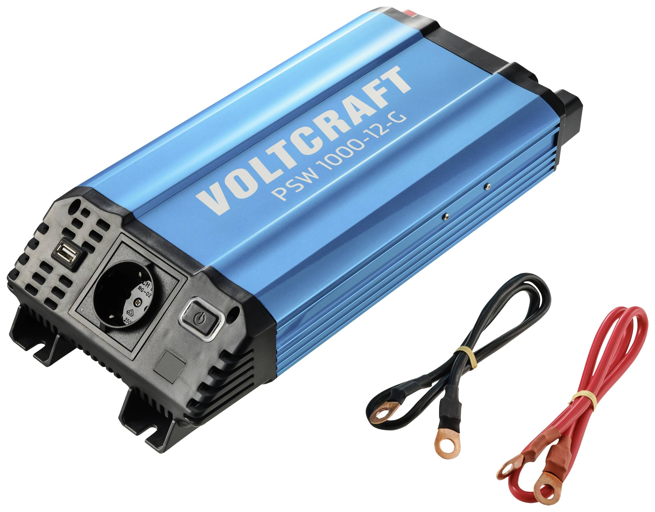 Blauer Spannungswandler 'Voltcraft PSW 1000-12-C' mit USB-Anschluss, Steckdose und zwei Kabeln, einem schwarzen und einem roten.