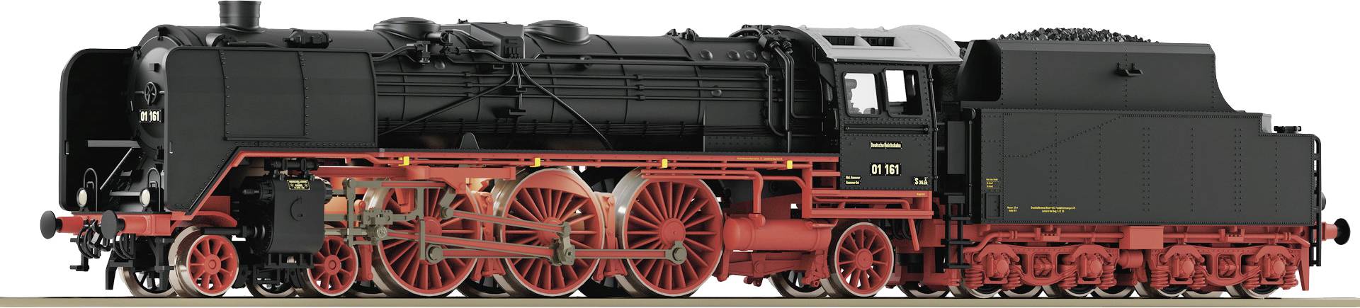 Historische schwarze Dampflokomotive mit roten Rädern und Gestänge, seitliche Ansicht, zeigt Kessel und Führerhaus.