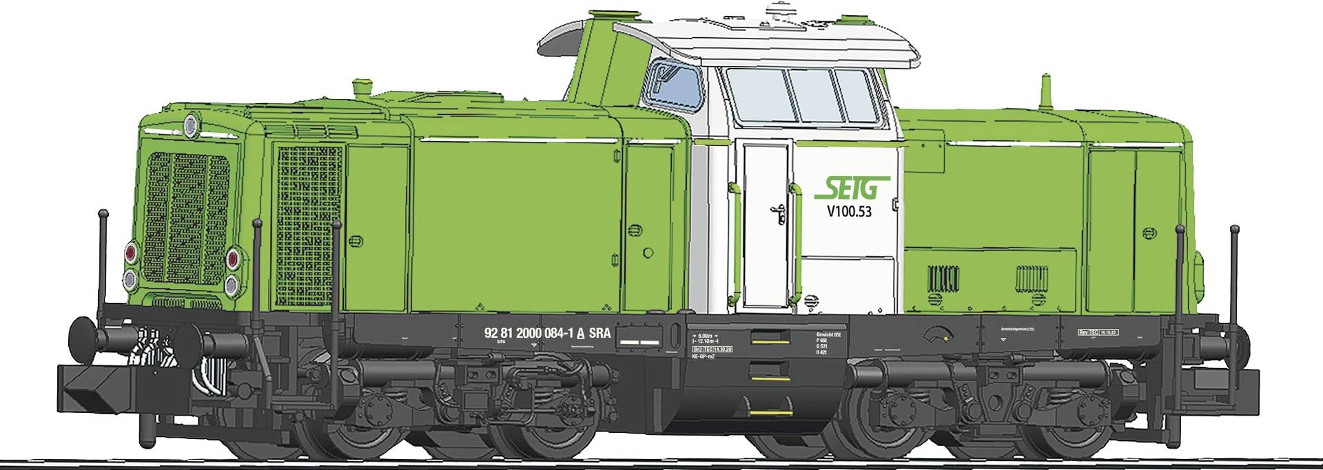 Grüne Lokomotive der Baureihe V100 in seitlicher Ansicht, beschriftet mit 'SETG'.