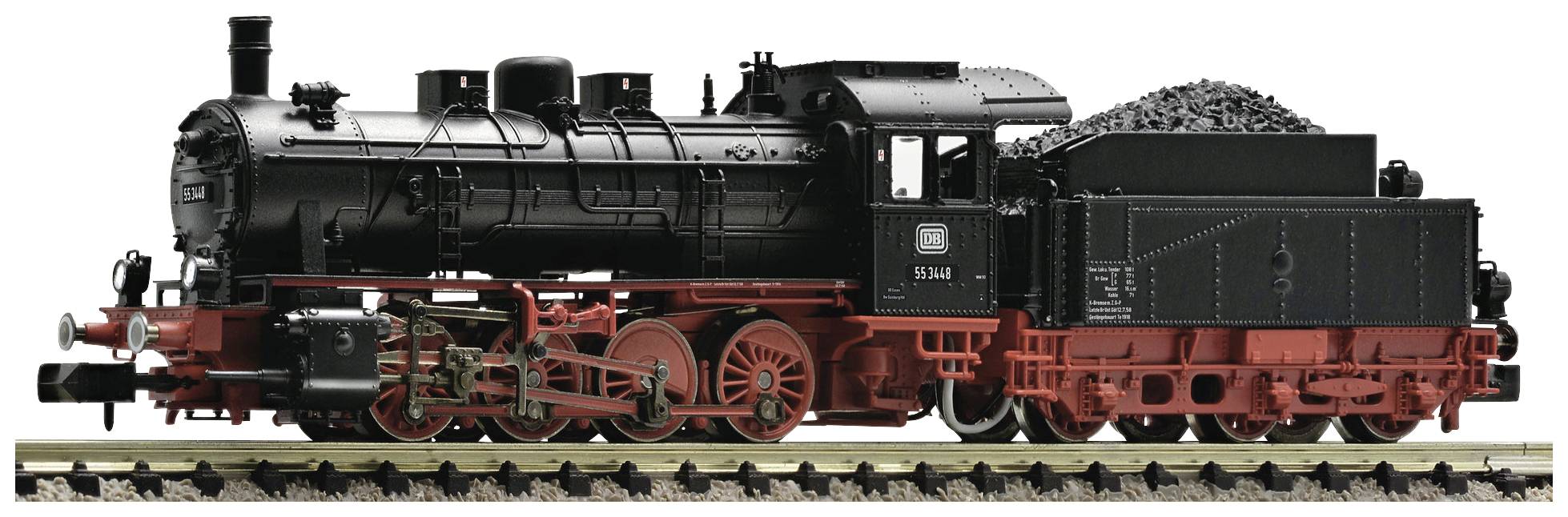 Schwarze Dampflokomotive mit roten Rädern und Kohletender auf einem Gleis. Historisches Design, detaillierte technische Merkmale sichtbar.