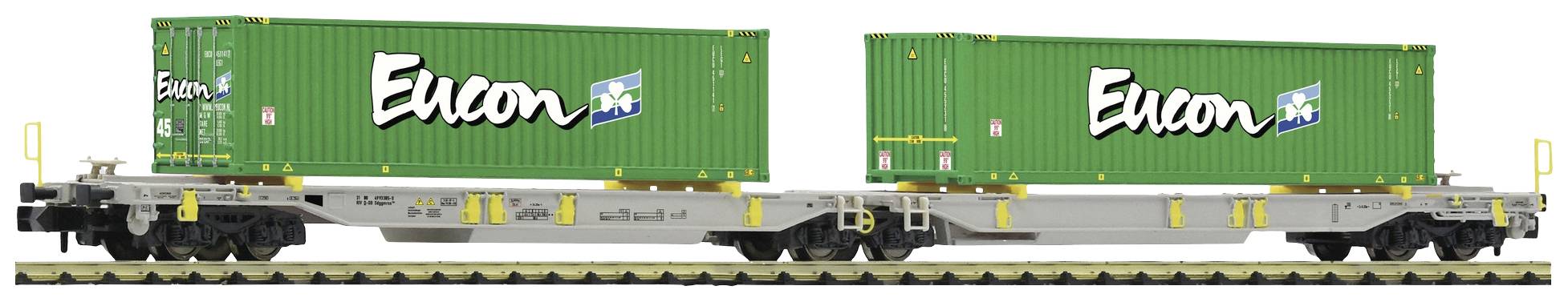 Zwei grüne Container mit 'Econ' auf einem Güterzugwagen.