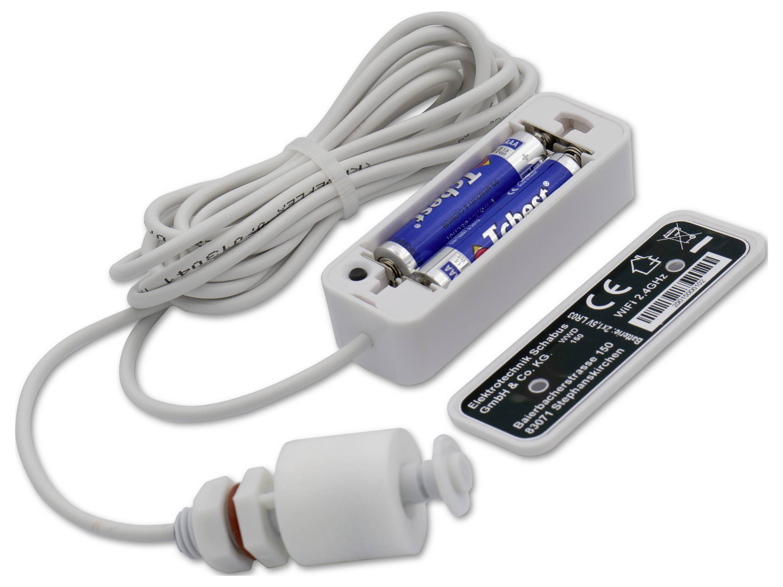 Schabus 200150 WWD 150 Wireless Float switch Wassermelder mit App-Steuerung, mit Schwimmerschalter batteriebetrieben