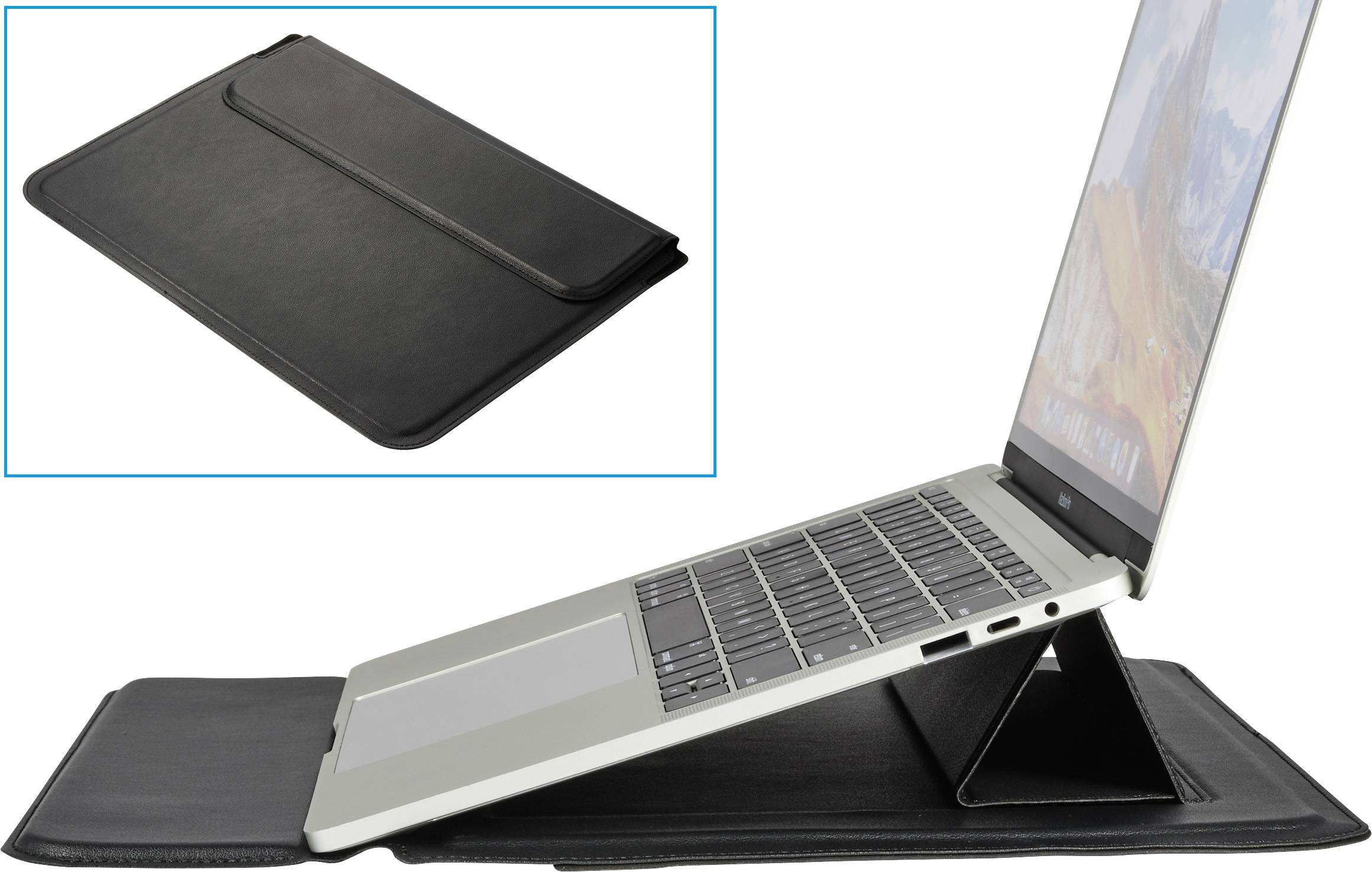 Laptop auf einer schwarzen Schutzhülle, die als Ständer dient. Die Hülle ist oben links im Bild im geschlossenen Zustand abgebildet.