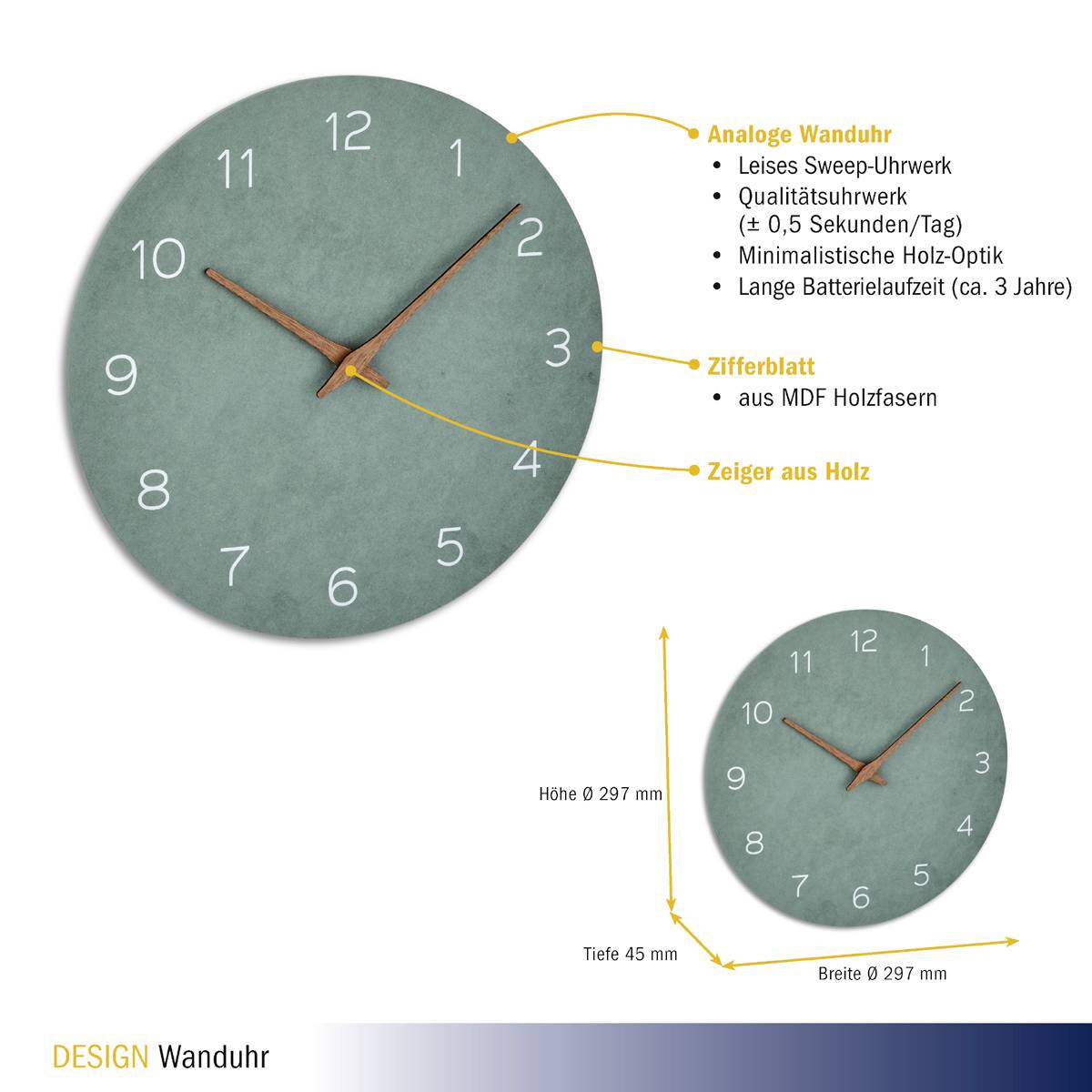 Analoge Wanduhr mit leisem Sweep-Uhrwerk, Holzzeiger, Zifferblatt aus MDF-Holzfasern. Abgebildet mit Maße und Batterieinformationen.