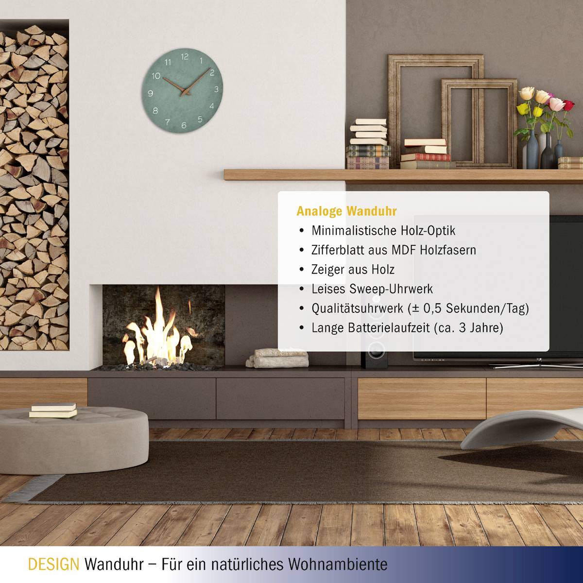 Wohnzimmer mit Kamin, Regal und Uhr. Rechts: Liste mit Merkmalen der Uhr, z.B. 'Analoges Zifferblatt' und 'Batterielaufzeit ca. 3 Jahre'.