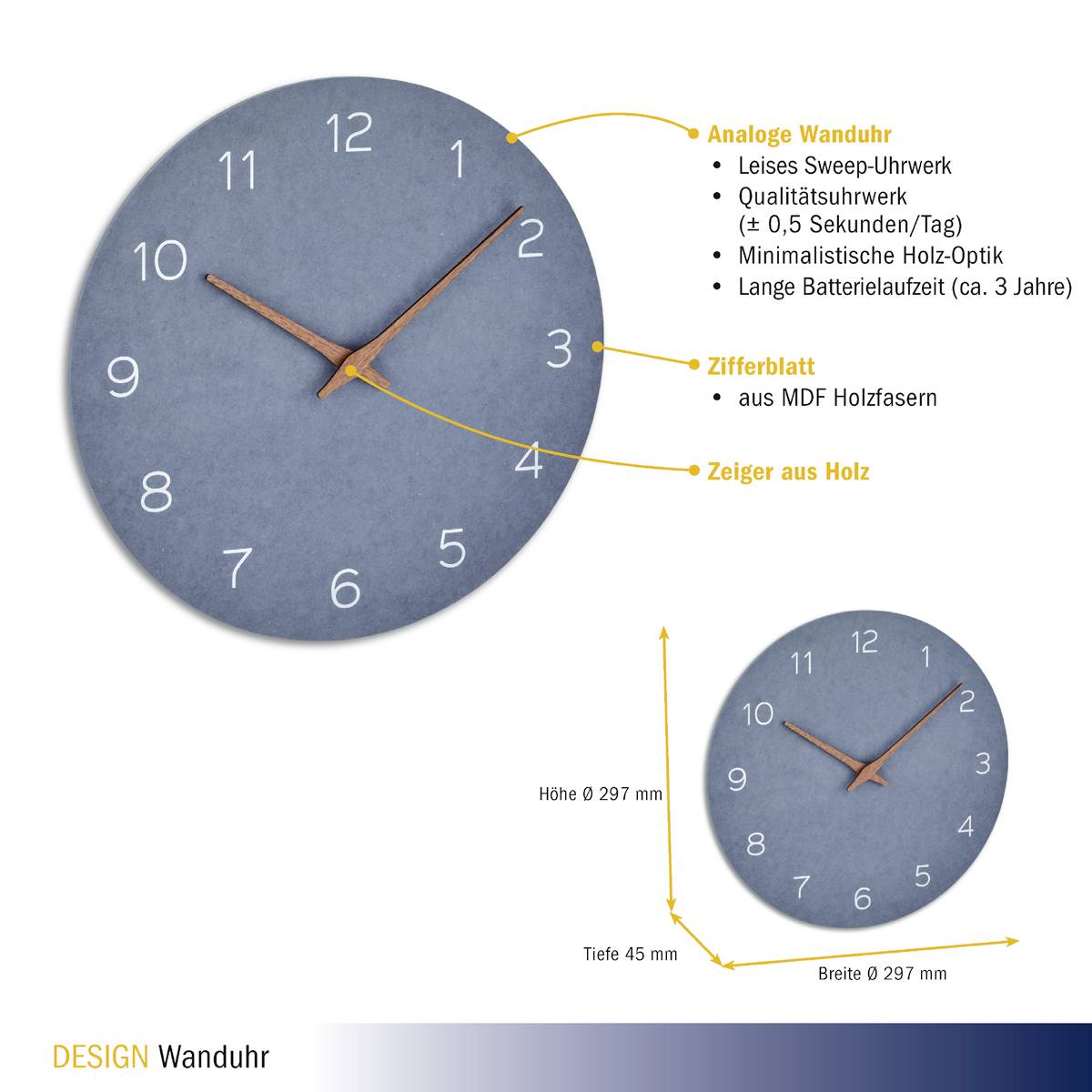 Analoge Wanduhr, minimalistisches Design mit leisen Sweep-Uhrwerk, Zifferblatt aus MDF-Holzfasern, Holzzeiger, 3 Jahre Batterielaufzeit.