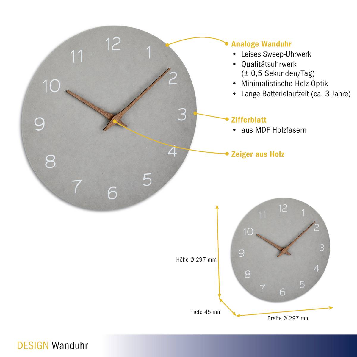 Analoge Wanduhr mit leisem Uhrwerk, minimalistischer Holz-Optik. Zifferblatt aus MDF, Zeiger aus Holz, Batteriehaltbarkeit ca. 3 Jahre.