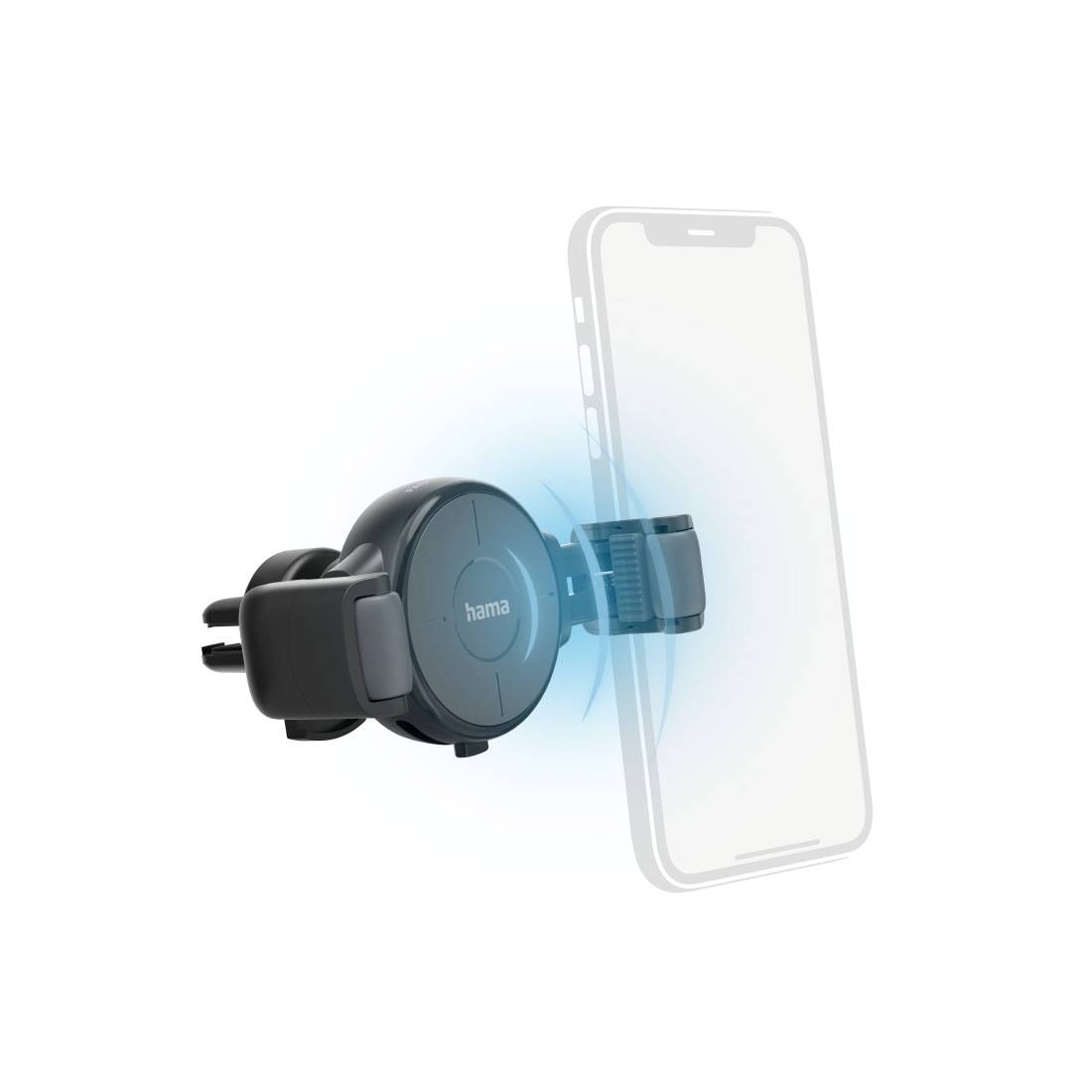 'Hama' Auto-Handyhalterung, universell. Zeigt die Halterung, die magnetisch ein Handy in der Nähe fixiert, zur Befestigung an Lüftungsschlitzen.