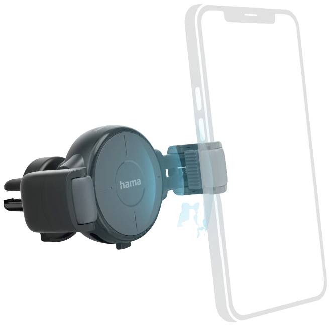 Smartphone-Halterung für das Auto, befestigt an einer Lüftungsschlitz, zeigt ein transparentes Smartphone am Halter befestigt.