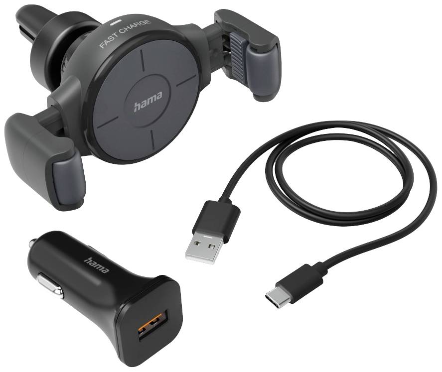 Eine Handyhalterung mit USB-C-Kabel und KFZ-Ladeadapter. Die Halterung hat 'FAST CHARGE' Aufschrift. Geeignet für Autoeinsatz.