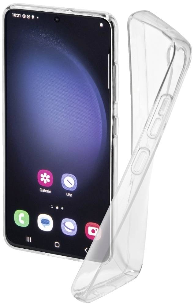 Ein Smartphone mit transparentem Schutzgehäuse. Der Bildschirm zeigt Apps wie 'Galerie' und 'Uhr'. Das Gehäuse ist leicht gebogen.