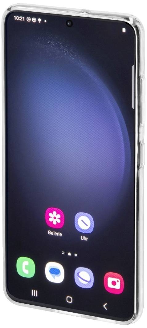 Smartphone mit schwarzem Bildschirm, darauf sind bunte App-Icons wie 'Galerie' und 'Uhr' erkennbar. Das Gerät hat einen transparenten Schutzrahmen.