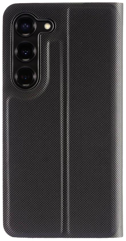 Ein schwarzes Smartphone mit drei Kameraobjektiven auf der Rückseite. Die Oberfläche hat eine leichte Textur.