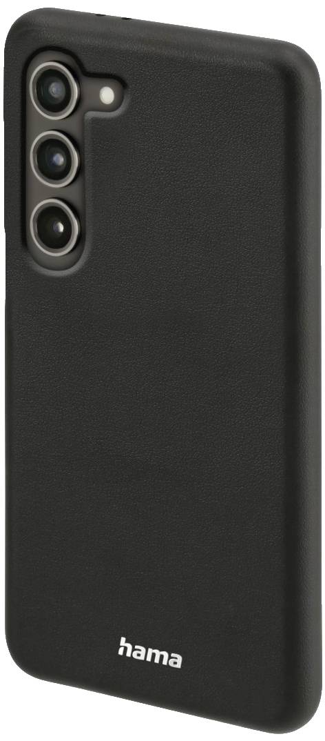 Schwarzes Smartphone-Case mit geprägtem Logo 'hama' unten links. Drei Kameralöcher auf der linken oberen Seite.