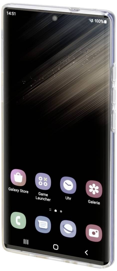 Ein Smartphone zeigt den Startbildschirm mit Symbolen für 'Galaxy Store', 'Game Launcher', 'Uhr' und 'Galerie'. Uhrzeit ist 14:51 Uhr.