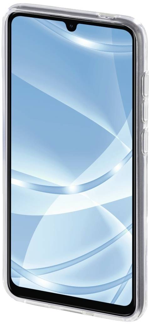 Ein Smartphone mit blauem, geometrischem Bildschirmhintergrund, umgeben von einer durchsichtigen Hülle.