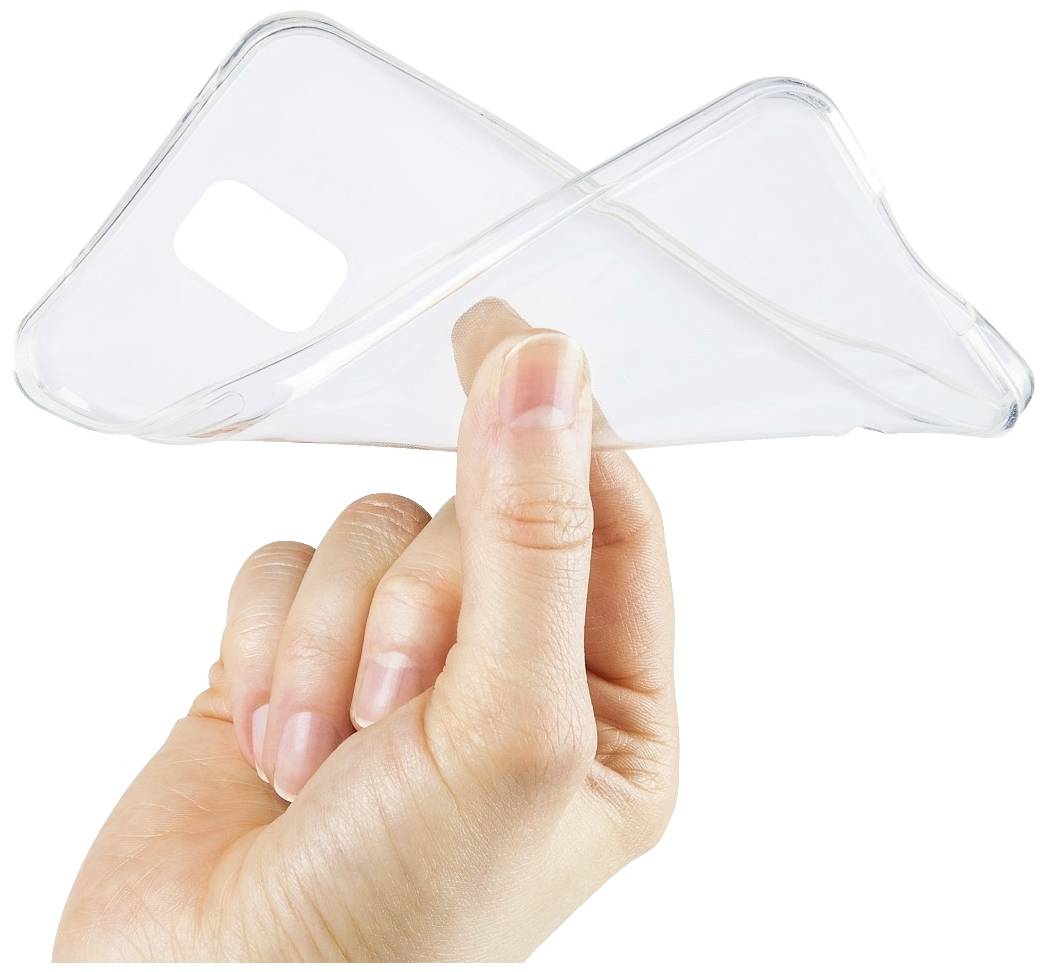 Eine Hand hält ein transparentes Smartphone-Case, das gebogen wird, um seine Flexibilität zu zeigen.