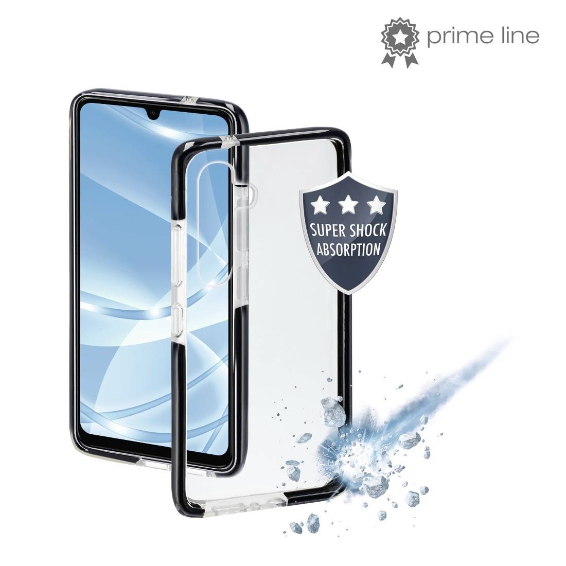 Schutzhülle für Smartphone mit transparentem Design und schwarzem Rand. Text 'Super Shock Absorption' auf Schild, zeigt Stoßfestigkeit.