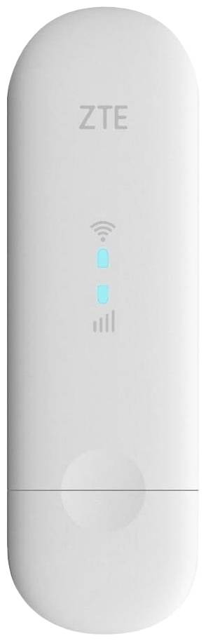 Ein weißer ZTE-USB-Stick mit WLAN- und Signalstärkensymbolen in Blau auf der Vorderseite.