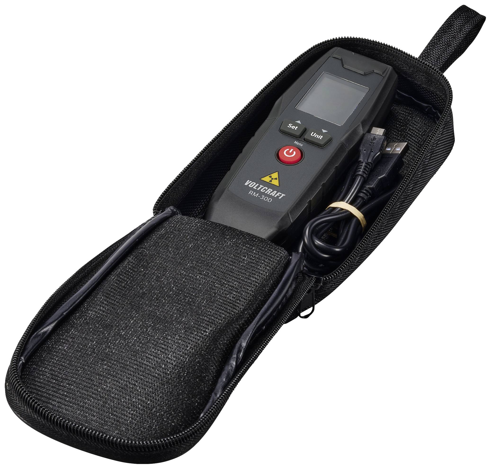 Ein digitales Messgerät in einem schwarzen Etui, mit einem Bildschirm und zwei Tasten. Ein USB-Kabel liegt daneben.