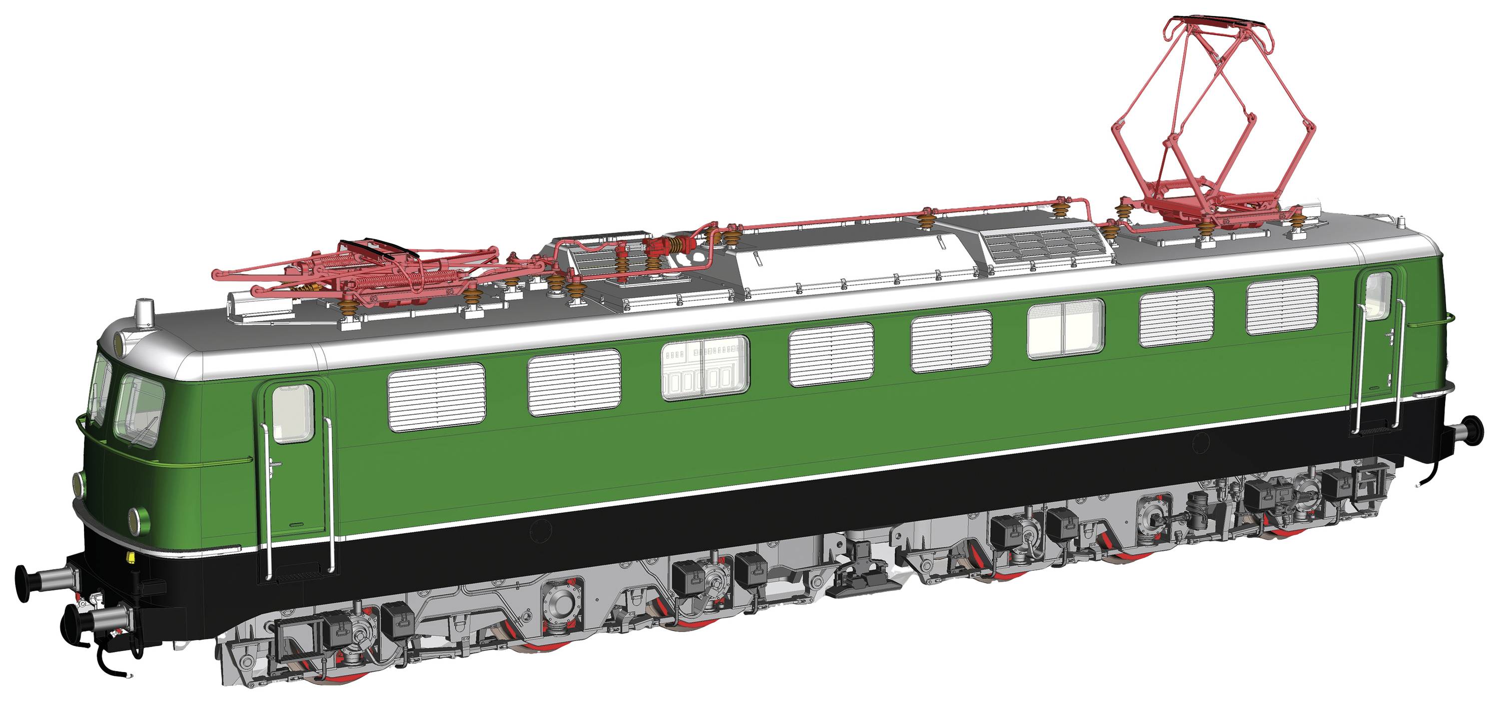 Grün-weiße Elektrolokomotive mit Pantograph und realistischen Details. Seitenansicht zeigt klassische, technische Designmerkmale.