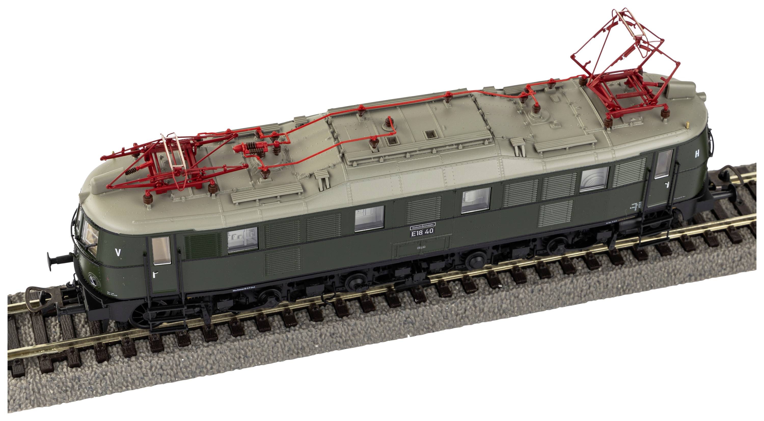 Schwarze Modell-Elektrolokomotive mit rotem Stromabnehmer auf Schienengleis. Detailliertes Design, stilisiert für Sammler.