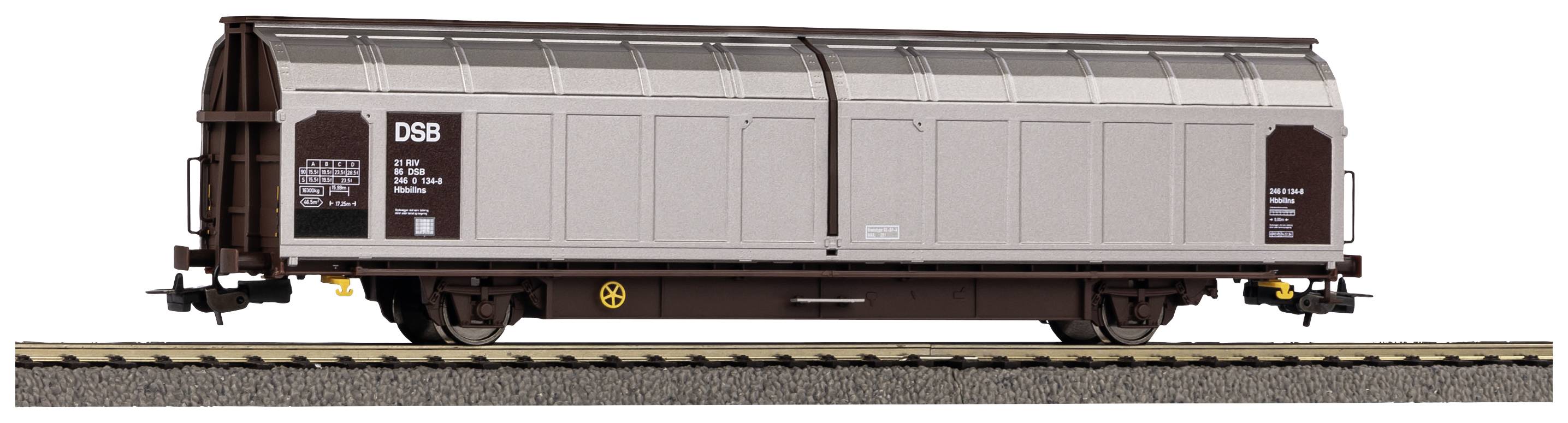 Güterwaggon der DSB auf einem Gleisabschnitt, grauer Aufbau mit braunem Rahmen, Tür in der Mitte, Modell in maßstabsgetreuer Ausführung.