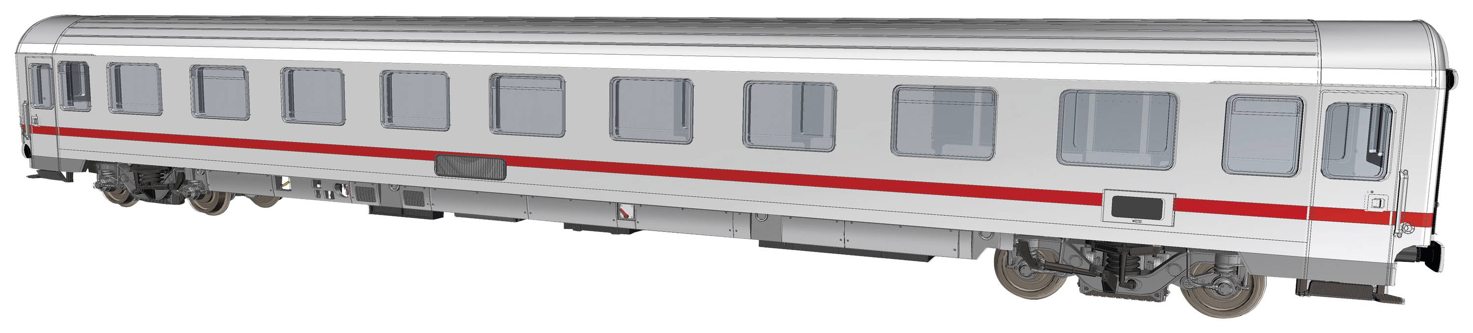 Abbildung eines modernen silbernen Eisenbahnwagens mit rotem Streifen. Der Wagen hat mehrere Fenster und ist für den Passagiertransport geeignet.