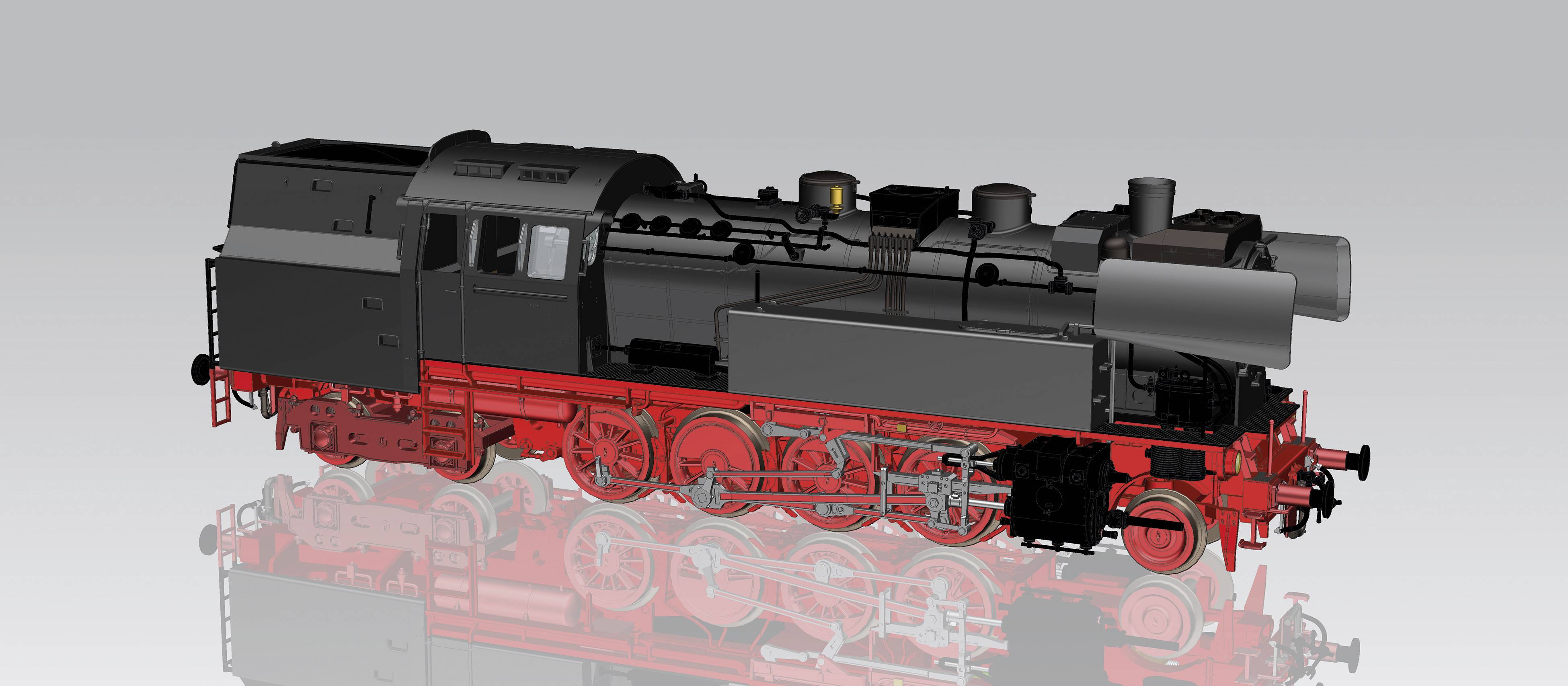 Eine detaillierte 3D-Abbildung einer historischen Dampflokomotive, seitlich betrachtet, mit sichtbaren technischen Details der Struktur.