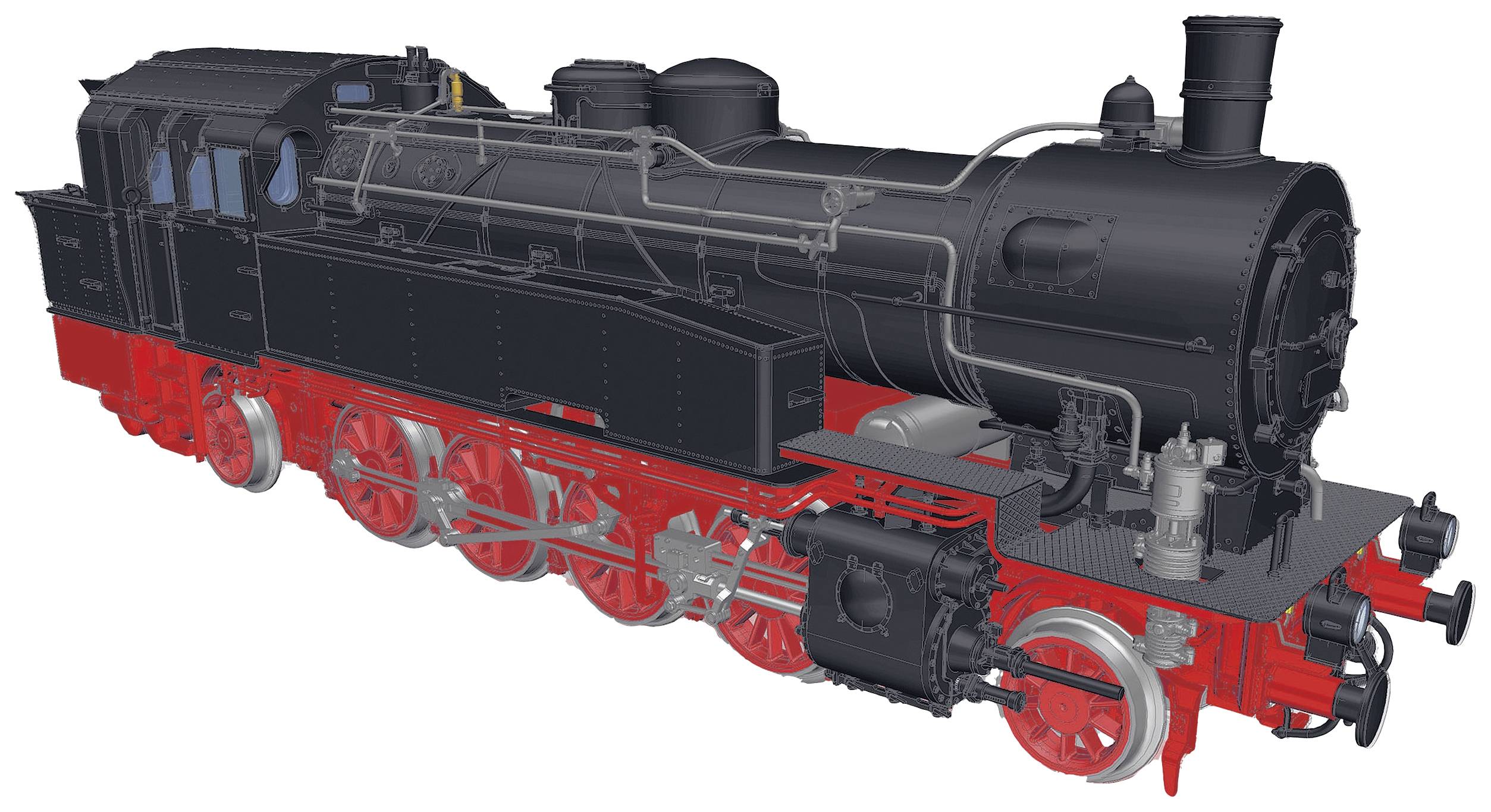 Historische Dampflok mit schwarzem Kessel und roten Rädern, zeigt komplexe Details der Mechanik. Ansicht von schräg vorn.