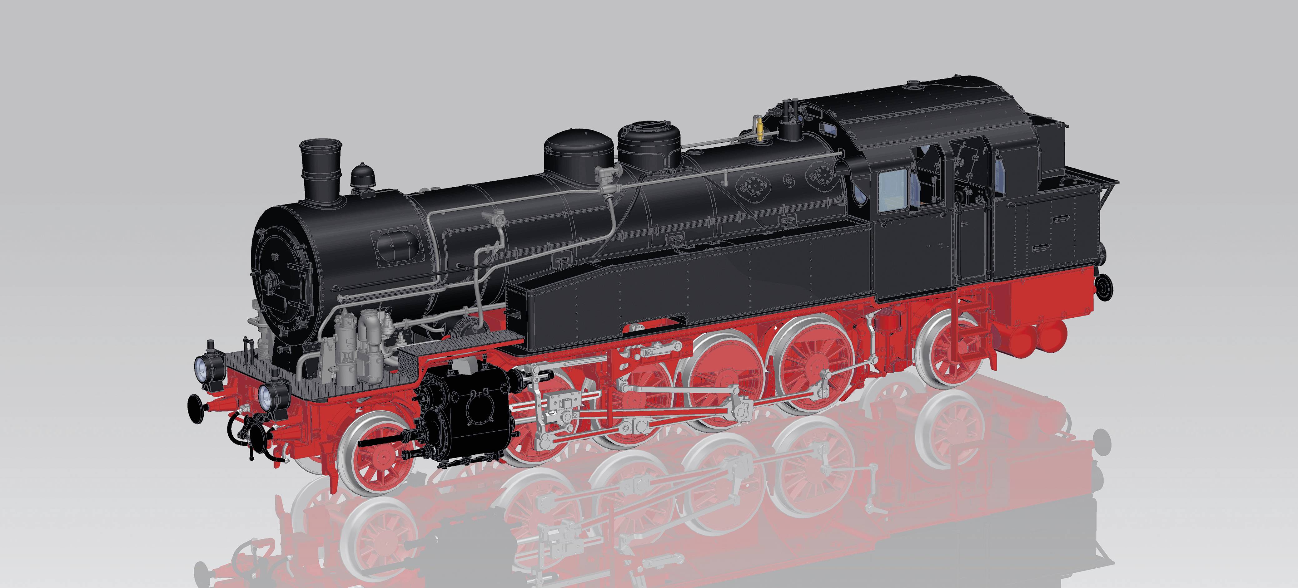 3D-Modell einer schwarzen Dampflokomotive mit roten Details, zeigt Seitenansicht, technische Konstruktion erkennbar.
