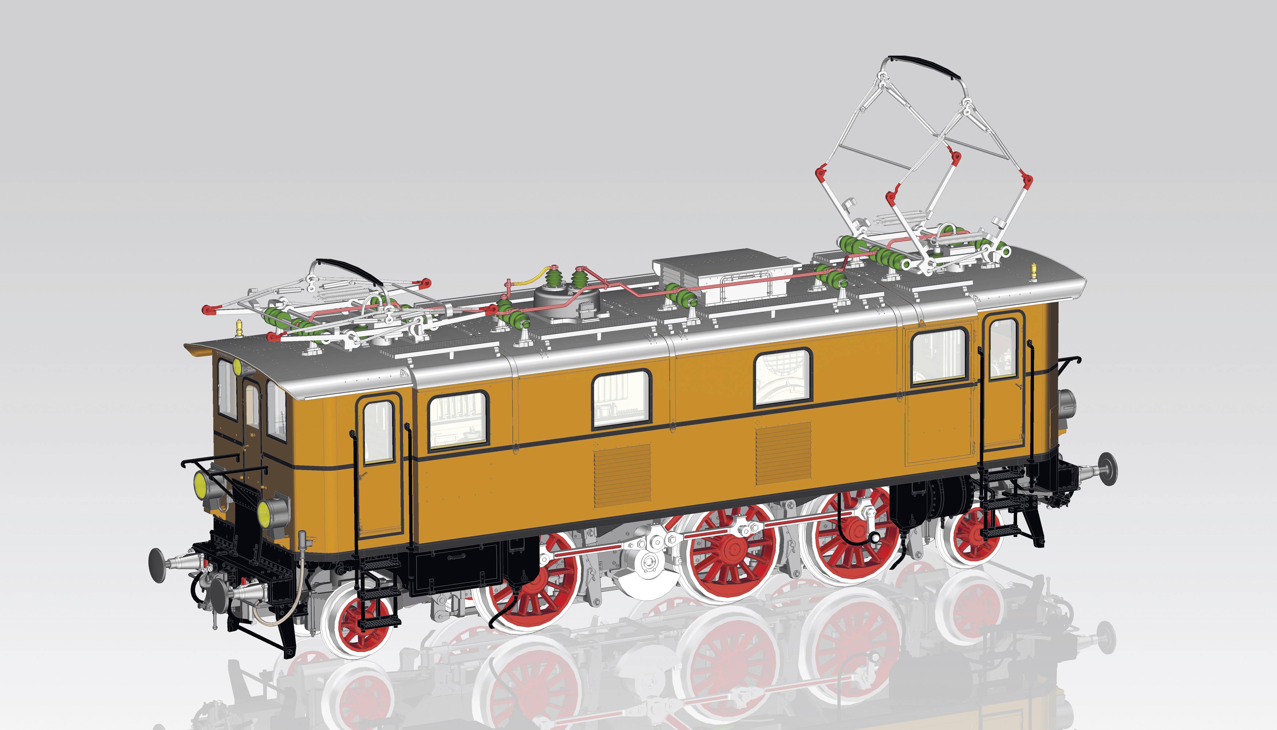 Elektrische Lokomotive mit zwei Stromabnehmern, brauner Korpus, und roten Rädern, auf grauem Hintergrund. Vintage-Industriedesign.