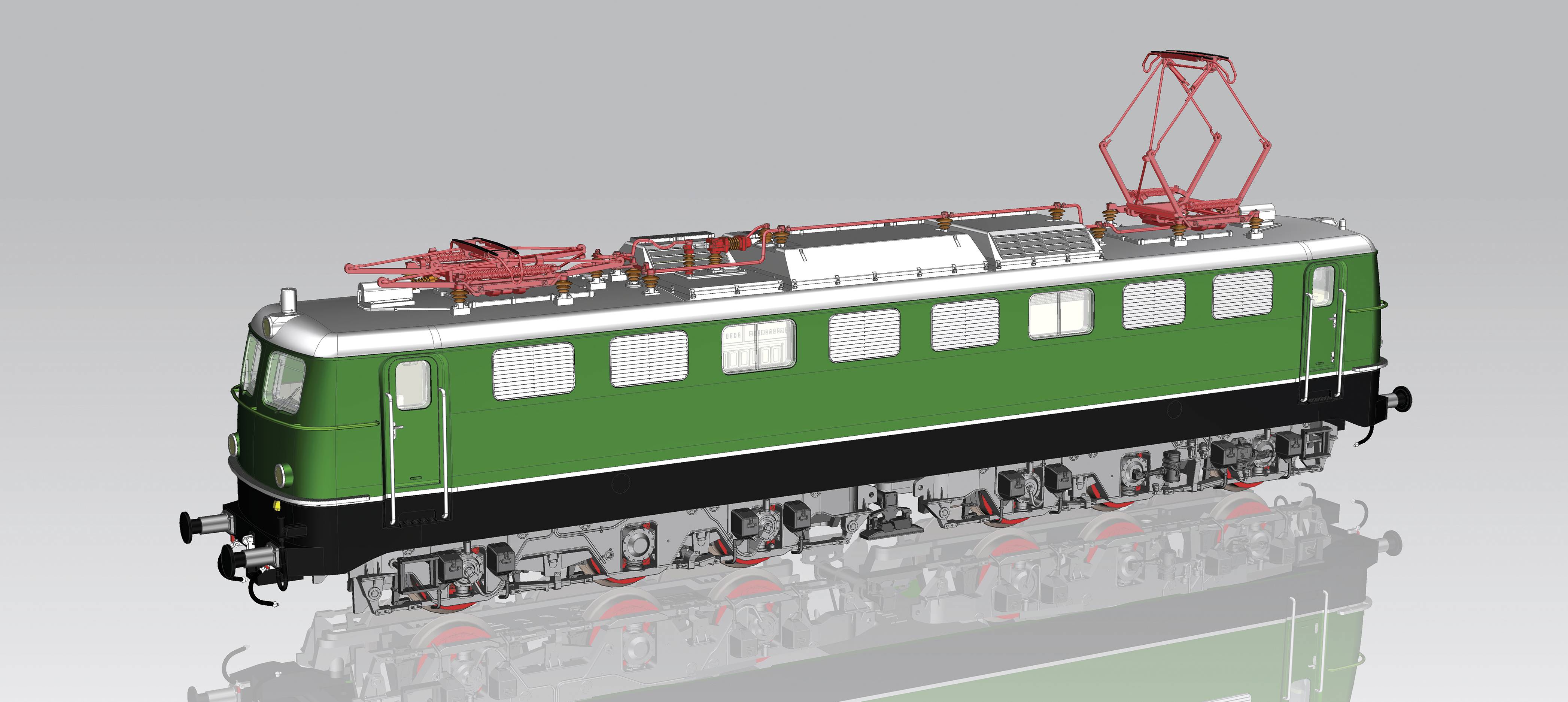 Digitales Modell einer historischen grünen Elektrolokomotive mit roten Stromabnehmern und detaillierten Fahrwerkselementen.