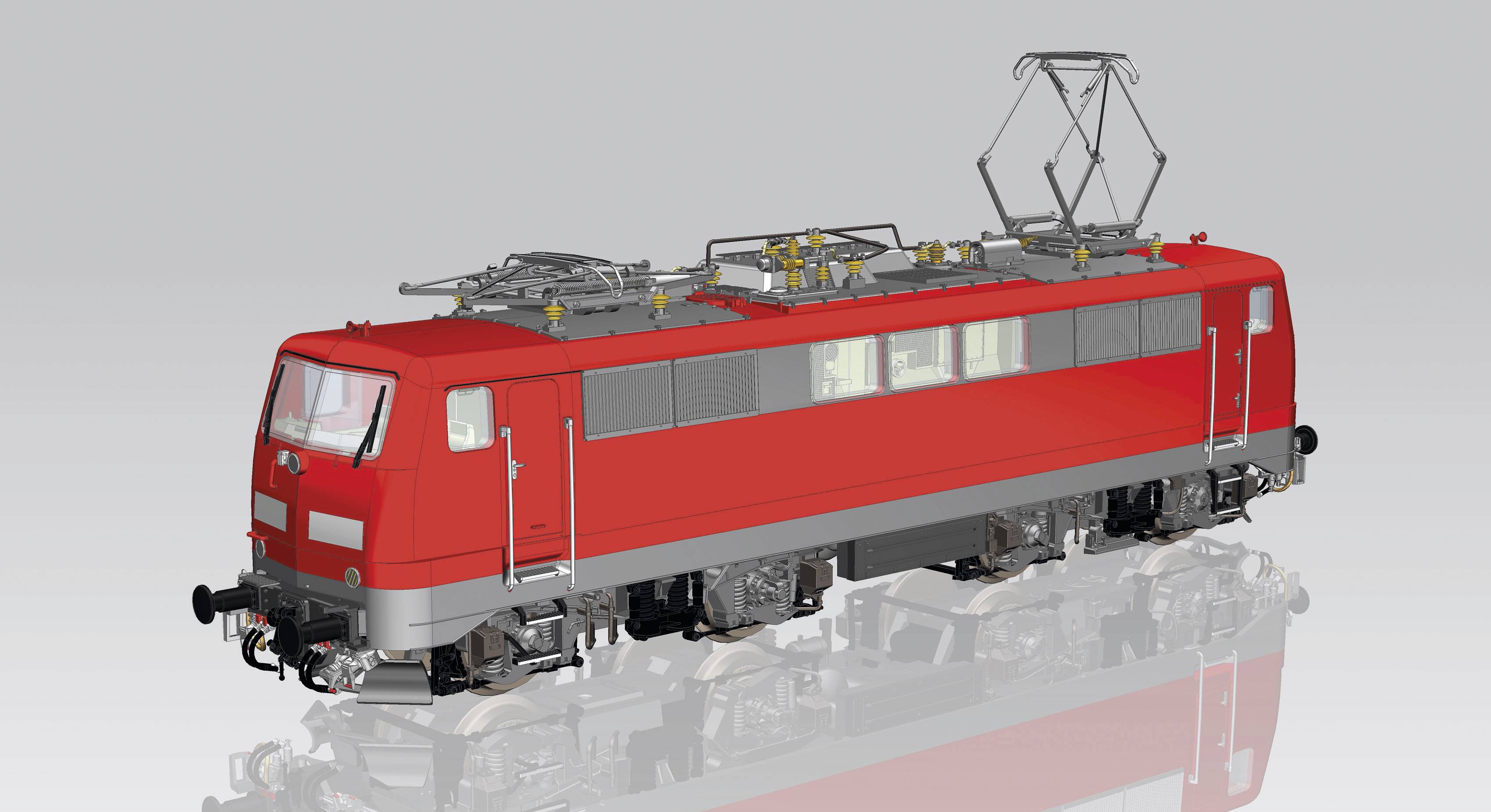 Eine rote elektrische Lokomotive der Baureihe 112 mit Stromabnehmer auf grauem Hintergrund, seitlich dargestellt.