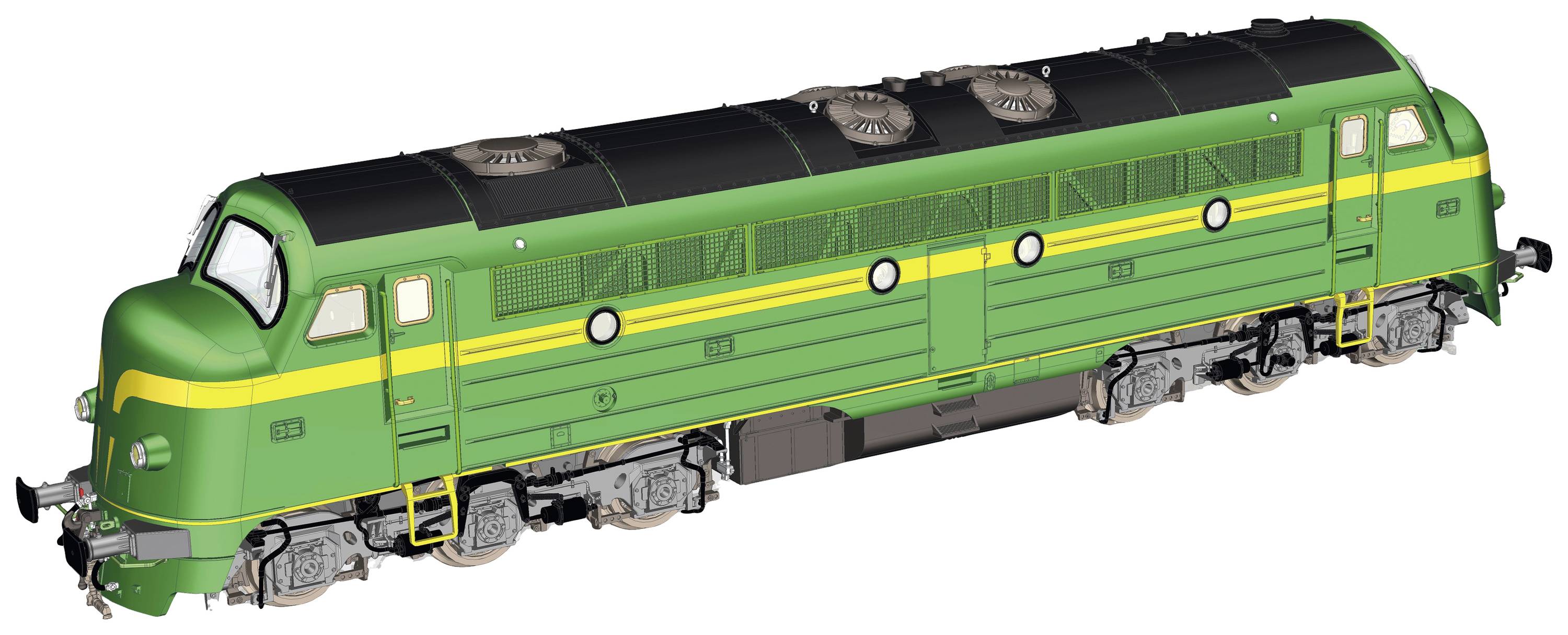 Grüne und gelbe Lokomotive im klassischen Design, seitlich Ansicht, mit vier großen Lüftern auf dem Dach.