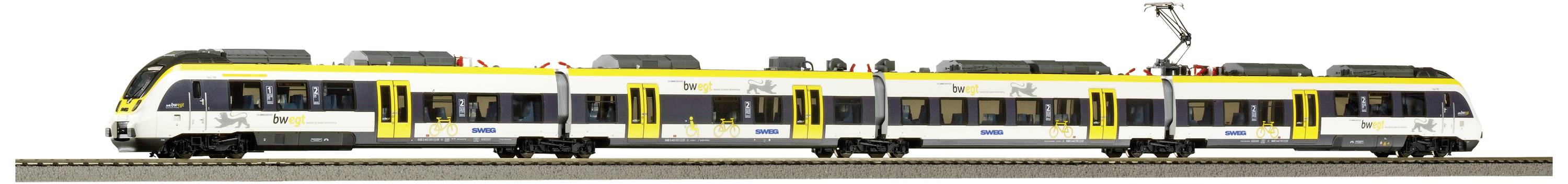 Gelbes und weißes Modell eines modernen Elektrozuges auf einem Schienenstück, zeigt Details wie Türen und Fenster.