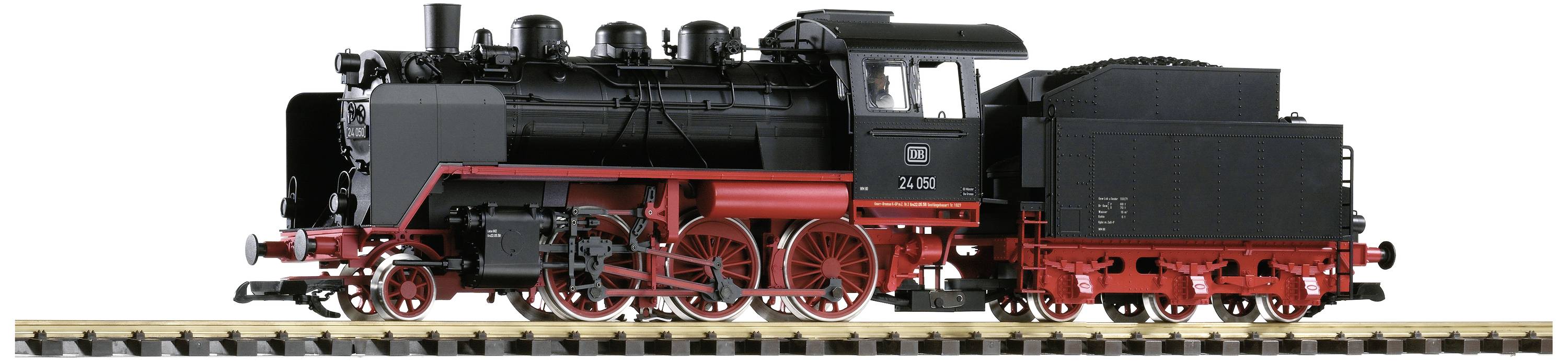 Schwarze Dampflokomotive mit roten Details auf Schienen, seitliche Ansicht. Elegantes, klassisches Design, betont die Ingenieurskunst.