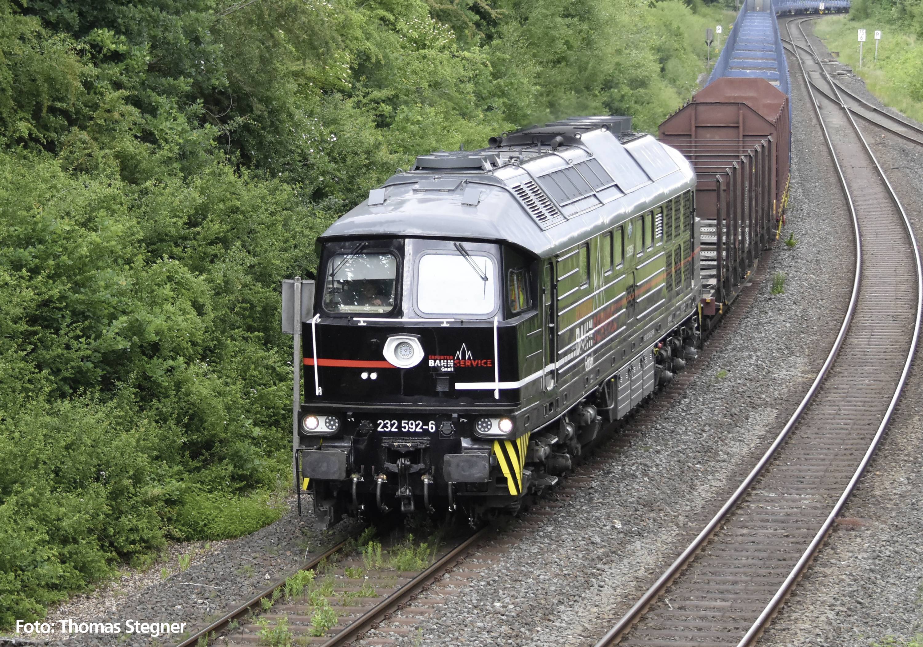 Ein Güterzug fährt auf einer kurvigen Strecke durch eine bewaldete Landschaft. Die Lokomotive ist vorne sichtbar.