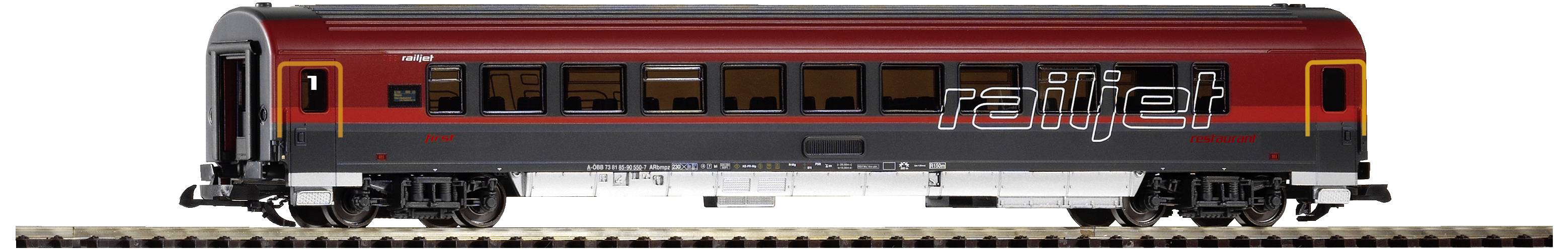 Ein Modellzugwagen mit rotem und grauem Design, auf einer Schiene. Auf der Seite steht 'railjet'.