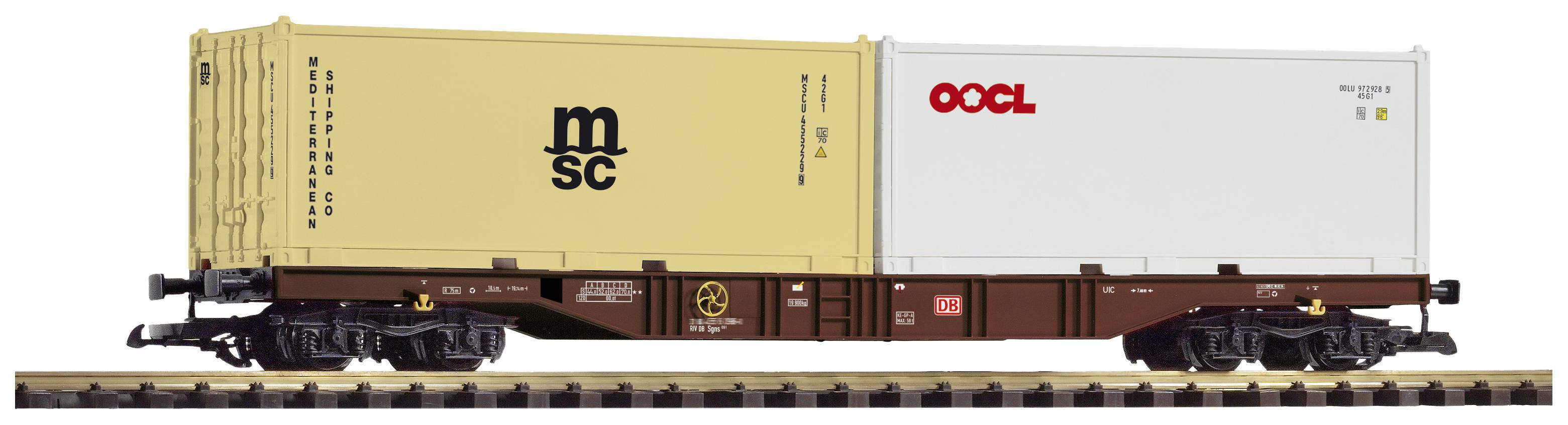 Ein Güterwaggon mit zwei Containern: ein gelber Container mit 'msc'-Logo und ein weißer Container mit 'OOCL'-Logo, auf Bahngleisen.