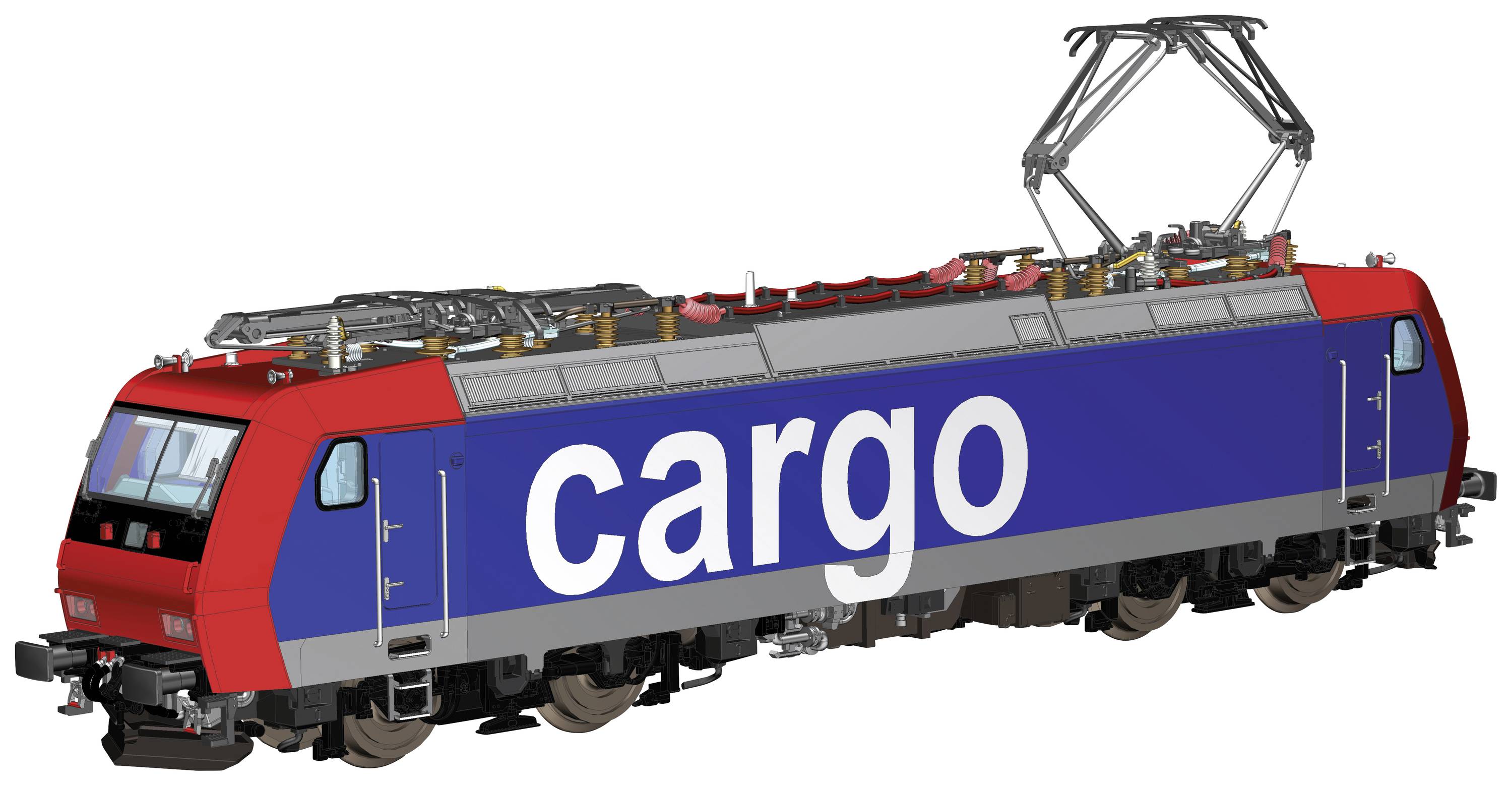 Eine rote und blaue Elektrolokomotive mit der Aufschrift 'cargo' auf der Seite, symbolisiert Gütertransport auf Schienen.