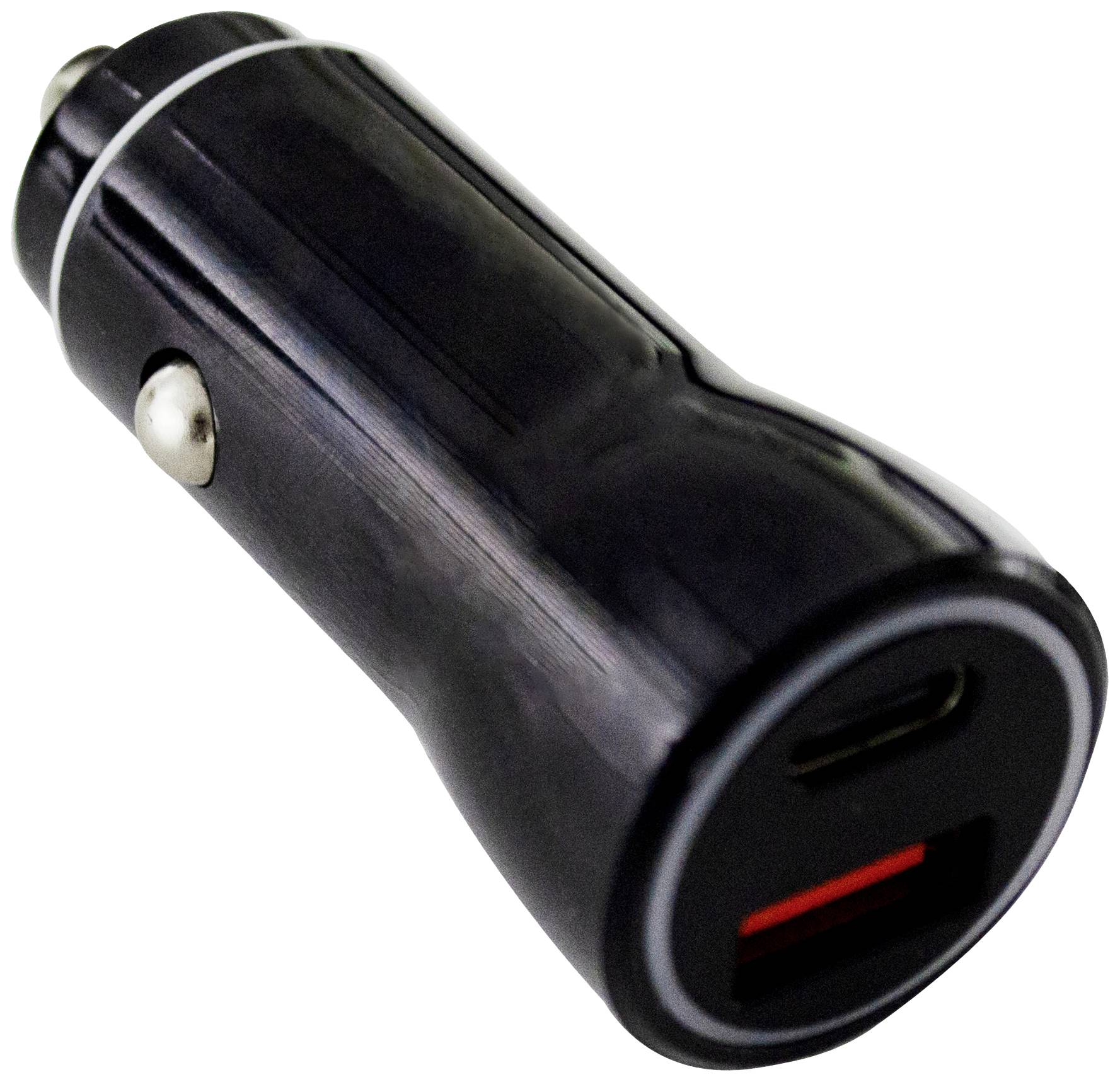 Schwarzes USB-Autoladegerät mit zwei Anschlüssen: USB-A und USB-C. Ideal zum Laden von Geräten während der Fahrt.
