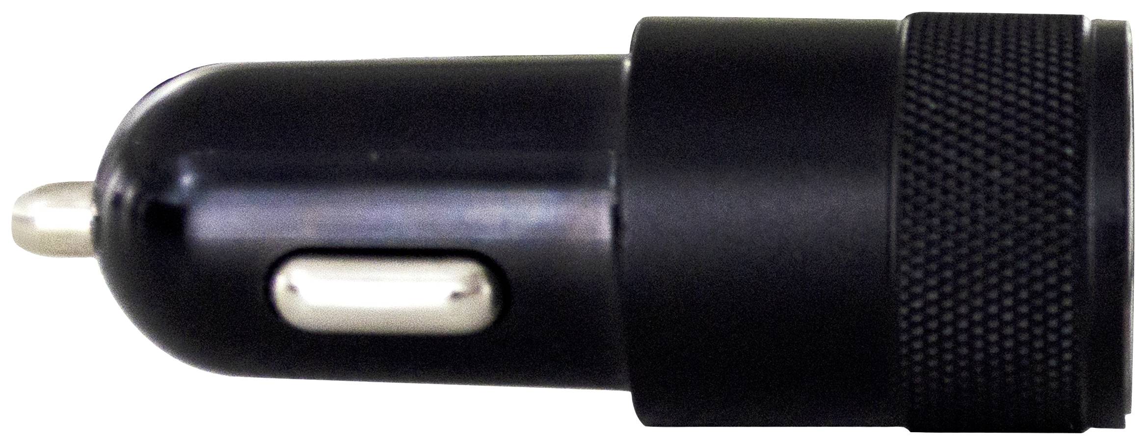 Schwarzes USB-Autoladegerät mit metallischem Anschluss, kompakt und zylindrisch, zum Aufladen von Geräten unterwegs.