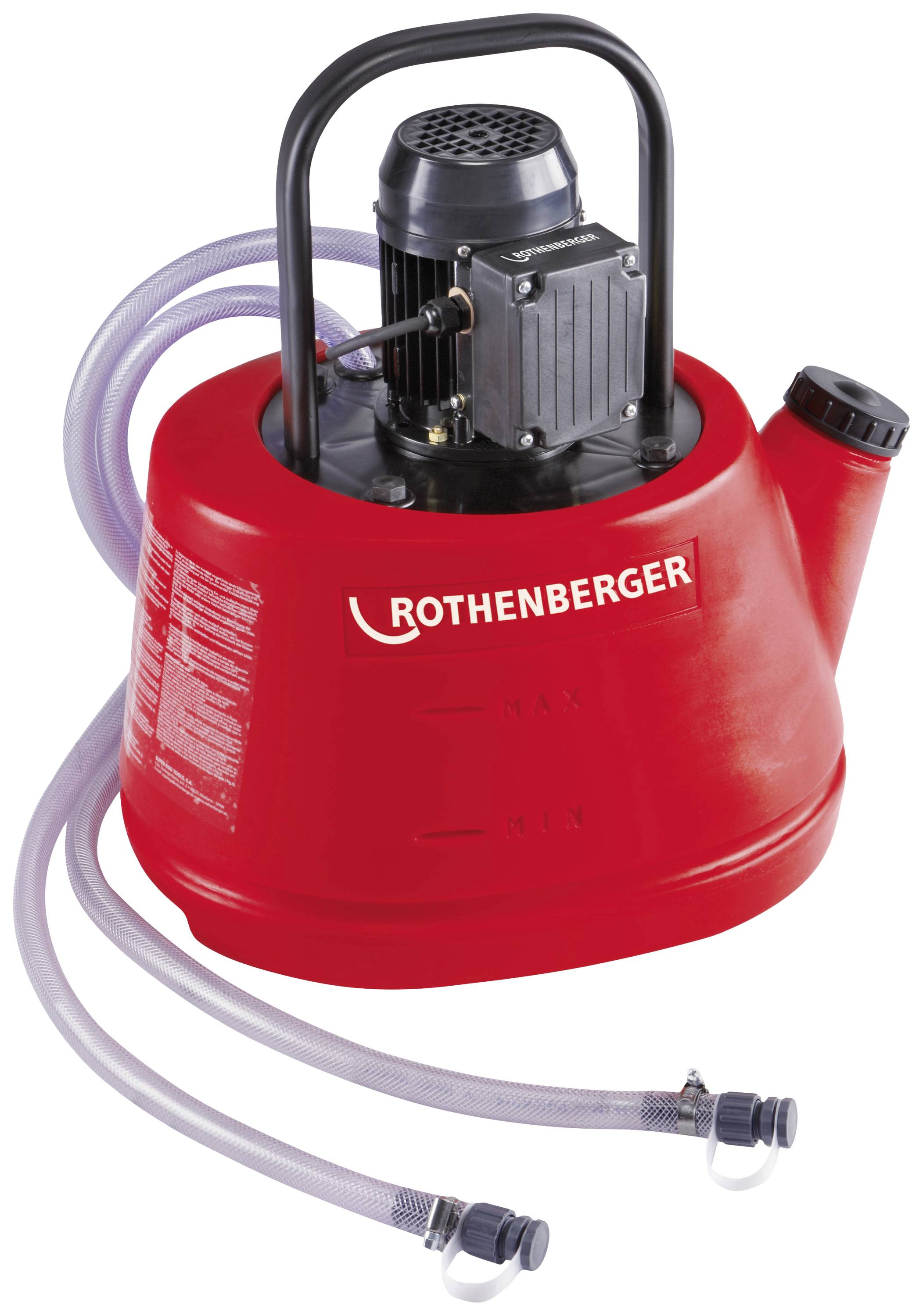 Rote 'ROTHENBERGER'-Kühlmittelpumpe mit schwarzem Griff und Schläuchen vorne.