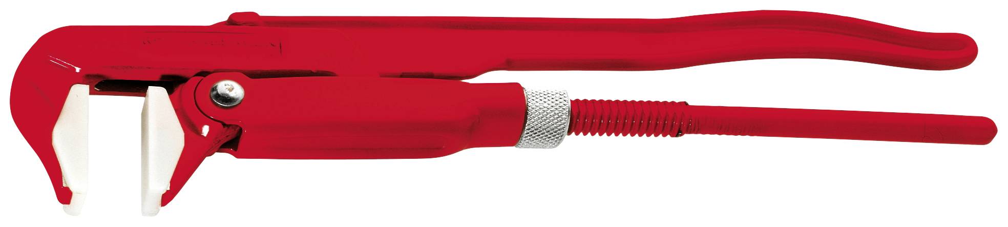 Rote Rohrzange mit verstellbarem Griff und gezahnter Backe, verwendet zum Greifen von Rohren und Armaturen.