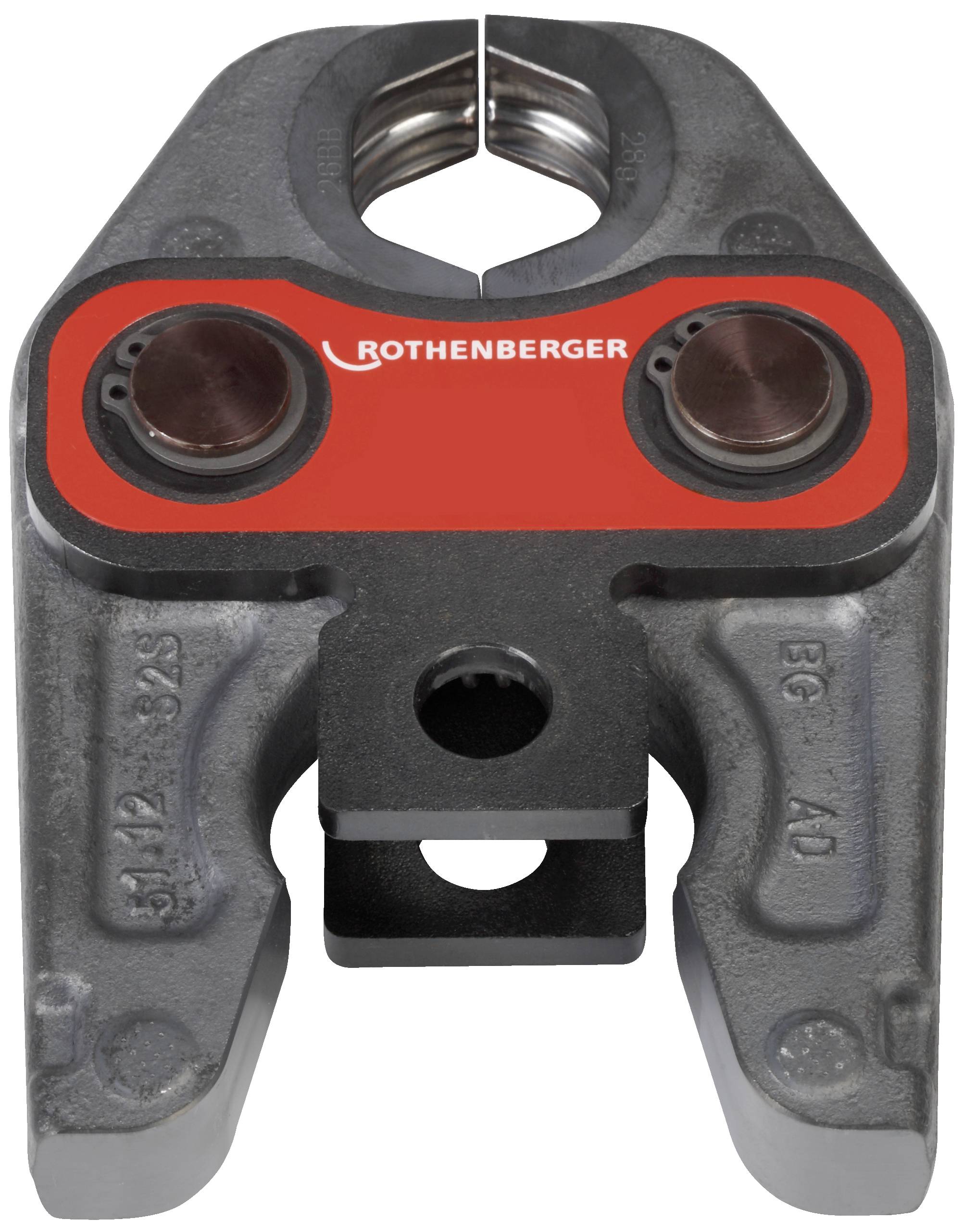Crimpzange der Marke 'Rothenberger', Vorderansicht, zeigt die kreisförmigen Einsätze für das Verpressen von Rohren.