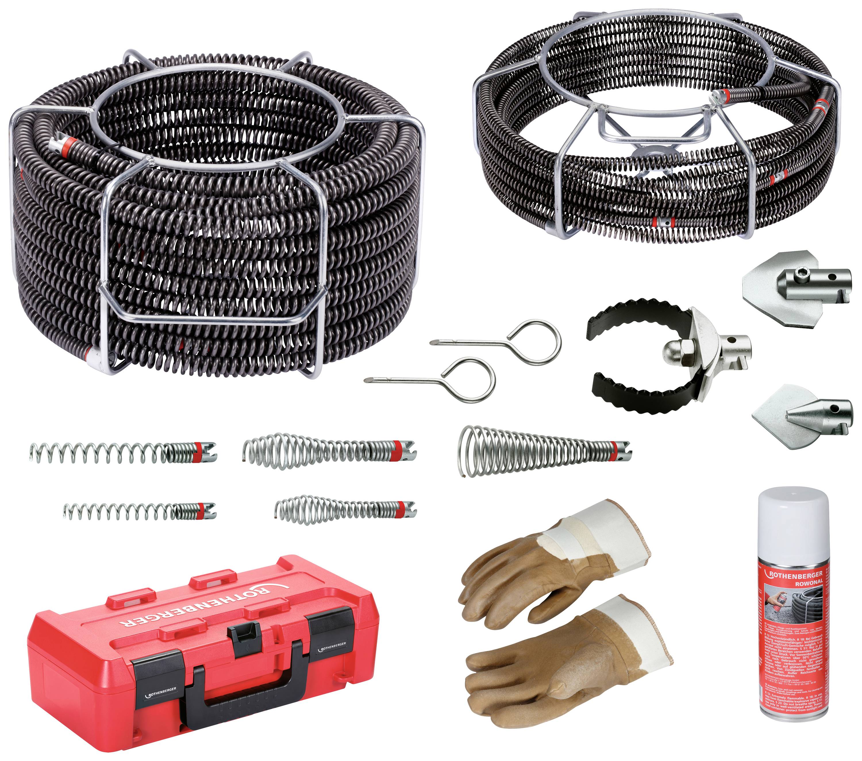 Ein Set mit Abflussreinigungswerkzeugen: Spiralen, Schneidköpfe, Sicherheitshandschuhe, Reinigungsmittel und ein roter Transportkoffer.