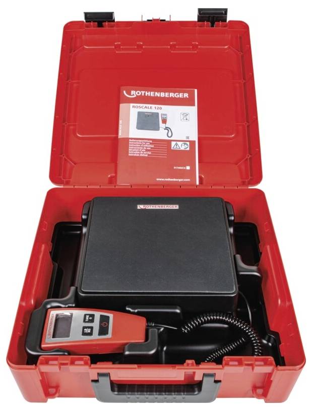 Rotes Werkzeugkoffer Set mit Waage und elektronischem Handgerät, für HVAC-Systeme. Marke 'Rothenberger', Modell Rоскопе 120.