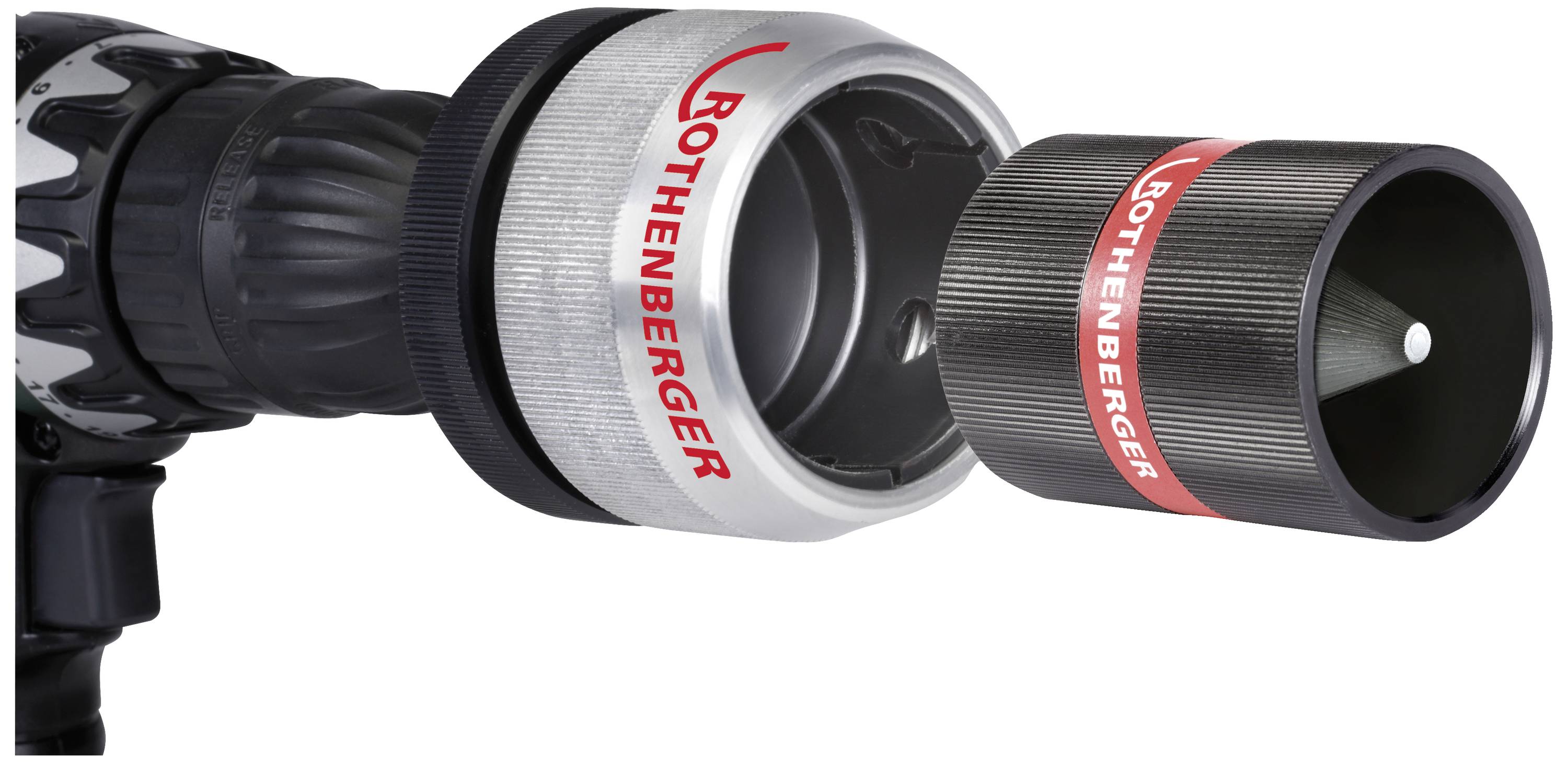 Werkzeug mit zwei Schneidaufsätzen von 'ROTHENBERGER', geeignet für präzises Rohrschneiden und Bearbeiten; schwarzer und silberner Zylinder.