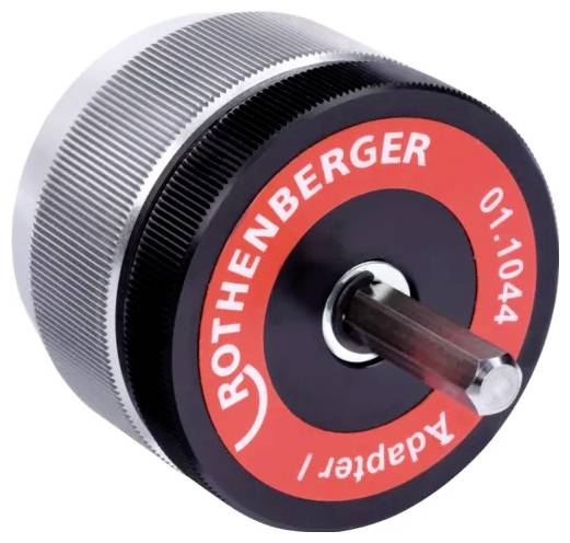 Ein zylindrischer Metalladapter mit der Beschriftung 'ROTHENBERGER Adapter 1 01.1044', versehen mit strukturierten Oberflächen, der zum Verbinden oder Anpassen von Komponenten verwendet wird.